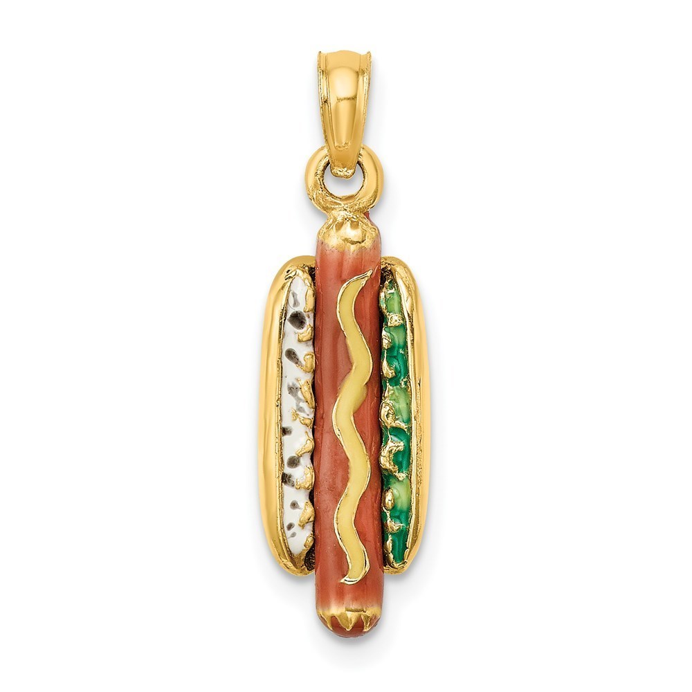 14k Yellow Gold 3-D Enamel Hot Dog w/ Bun Necklace Charm Pendant